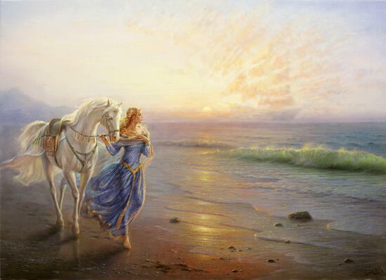 Алмазная мозаика 40x50 Блондинка с белой лошадью у моря