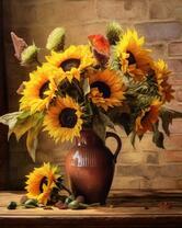 Яркий букет подсолнухов в коричневом кувшине
