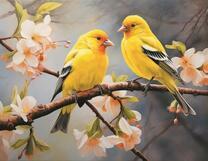 Две жёлтенькие птички на цветущей ветви