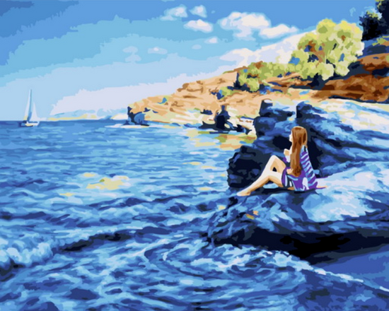 Картина по номерам 40x50 Девушка на скалах у берега ожидает парусник