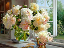 Без бренда «Ваза с букетом белых пионов у окна» в Ижевске