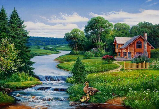 Картина по номерам 40x50 Милый двухэтажный домик у реки